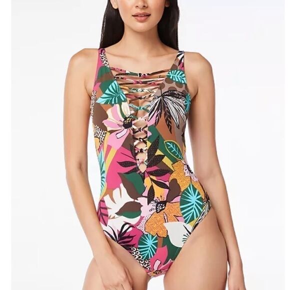 BLEU BY ROD BEATTIE  Lace-Up Over-the-Shoulder Swimsuit Jungle Book Floral 14 - Picture 9 of 15